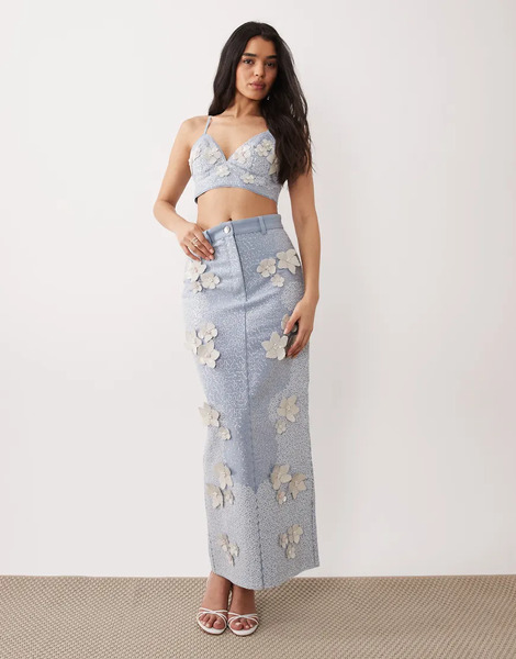  Asos Luxe Co Ord Denim Embellished Maxi Skirt In Light Blue 