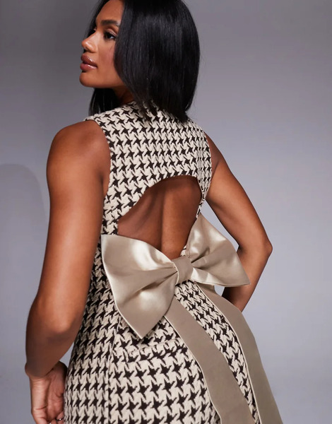  Asos Luxe Co Ord Houndstooth Boucle Waistcoat With Embellished Buttons And Bow Back In Chocolate Brown 