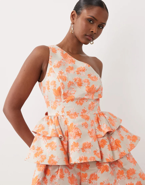  Asos Luxe Co Ord Jacquard One Shoulder Top In Orange Multi 