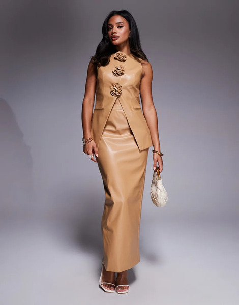  Asos Luxe Co Ord Pu Tailored Skirt With Split Back In Tan Brown 