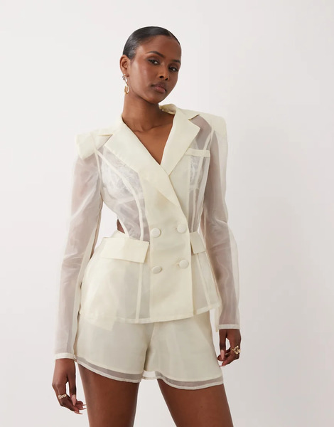  Asos Luxe Co Ord Sheer Cinched Blazer Top In White 