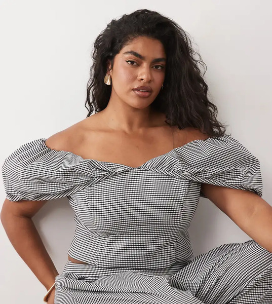  Asos Luxe Curve Co Ord Gingham Off The Shoulder Peplum Top Multi 