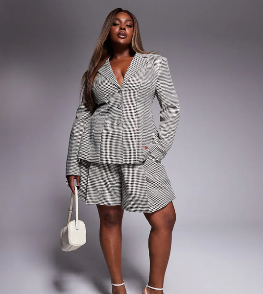  Asos Luxe Curve Co Ord Houndstooth Flippy Short In Brown Sequin 