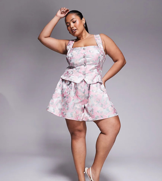  Asos Luxe Curve Jacquard Playsuit With Embellished Buttons Pink 