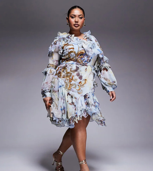  Asos Luxe Curve Organza And Chiffon Printed Asymmetrical Mini Dress With Embellishment In Blue Western Floral 
