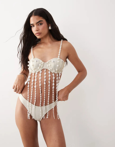  Asos Luxe Embellished Pearl Fringe Bikini Top In White 