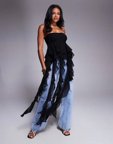  Asos Luxe Exaggerated Waterfall Ruffle Top In Black 