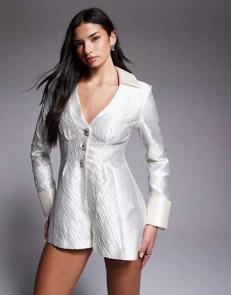  Asos Luxe Jacquard Playsuit With Cinched Waist In White 