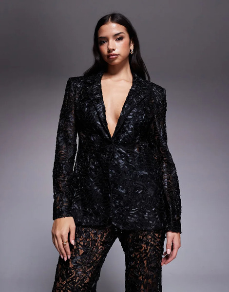  Asos Luxe Lace Tailored Blazer Co Ord In Black 