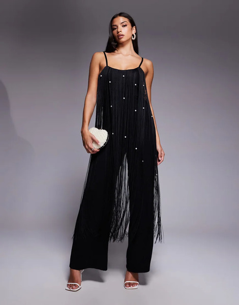  Asos Luxe Pearl Embellished Fringing Jumpsuit In Black 