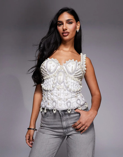  Asos Luxe Pearl Embellished Top In White 
