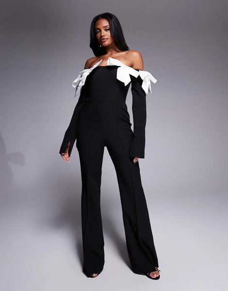  Asos Luxe Satin Bow Off Shoulder Jumpsuit In Black Contrast 