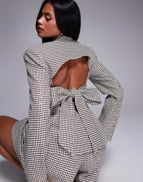  Asos Luxe Sequin Houndstooth Blazer Co Ord With Bow Back In Chocolate Brown 