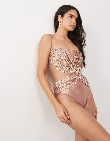  Asos Luxe Shell Cut Out Swimsuit In Pink 