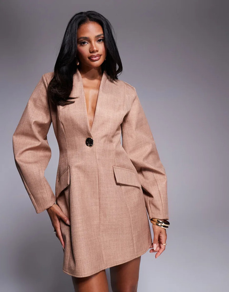  Asos Luxe Structured Linen Sculpted Blazer Dress In Camel Brown 