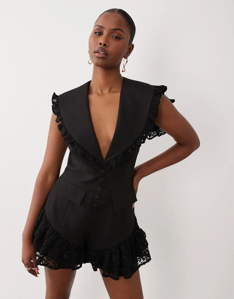  Asos Luxe Tailored Playsuit With Lace Detail In Black 