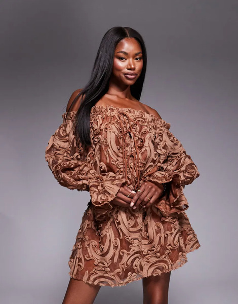  Asos Luxe Textured Off Shoulder Oversized Mini Dress With Elasticated Waist In Chocolate Brown 