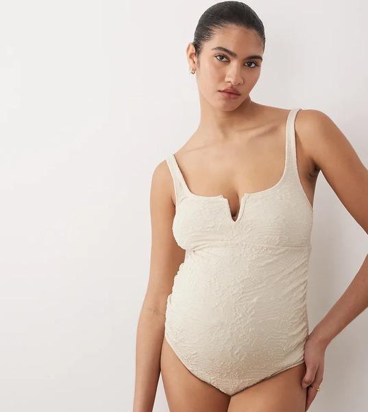  Asos Design Maternity Cassi V Wire Swimsuit In Champagne Multi 
