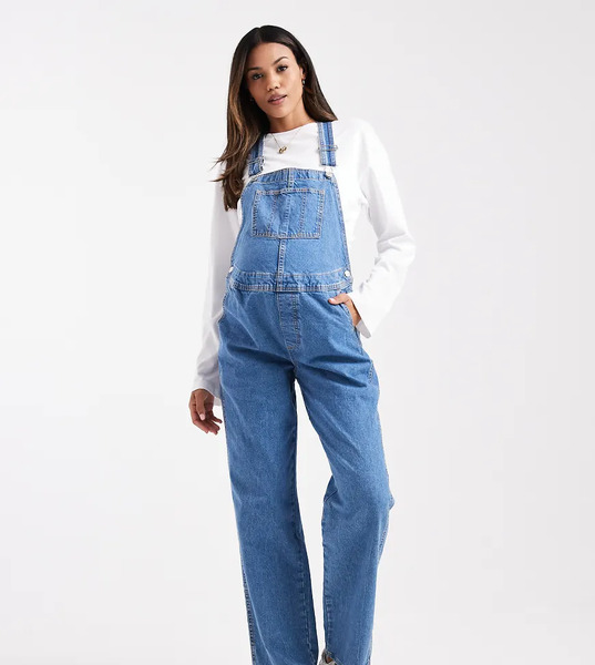  Asos Design Maternity Denim Dungaree In Mid Blue 