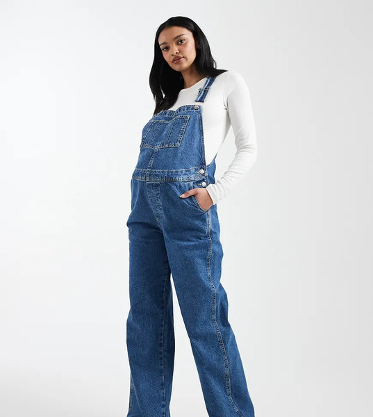  Asos Design Maternity Denim Dungaree In Mid Blue 