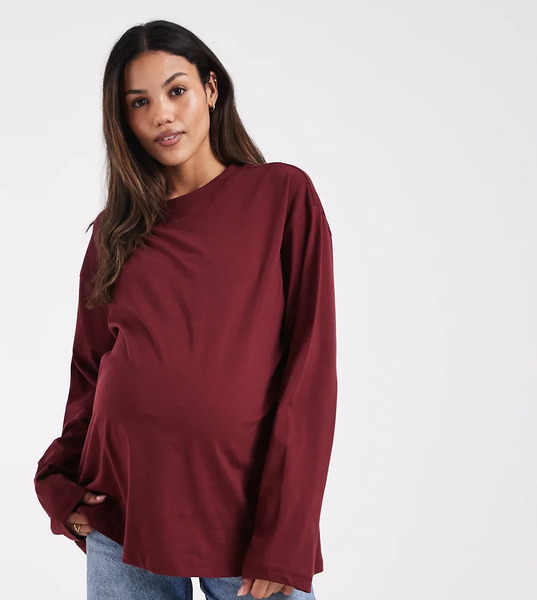  Asos Design Maternity Long Sleeve T Shirt In Burgundy Multi 