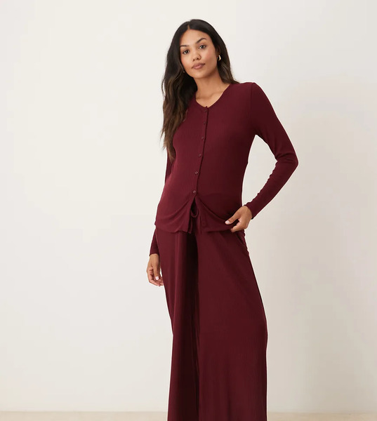  Asos Design Maternity Lounge Mix & Match Rib Wide Leg Trouser In Burgundy Red 