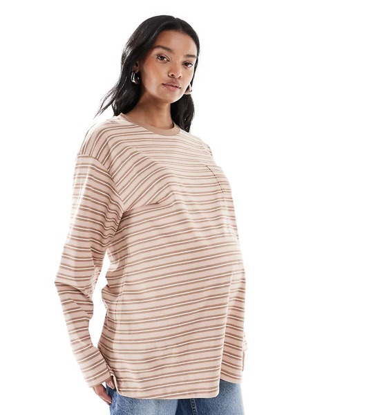  Asos Design Maternity Oversized Long Sleeve Skater Tee In Neutral Stripe 