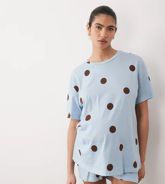  Asos Design Maternity Oversized Tee And Short Pyjama Set In Blue & Chocolate Polka Dot 
