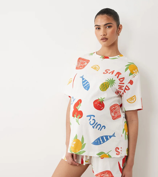  Asos Design Maternity Oversized Tee & Short Set In Sardine Summer Print White 