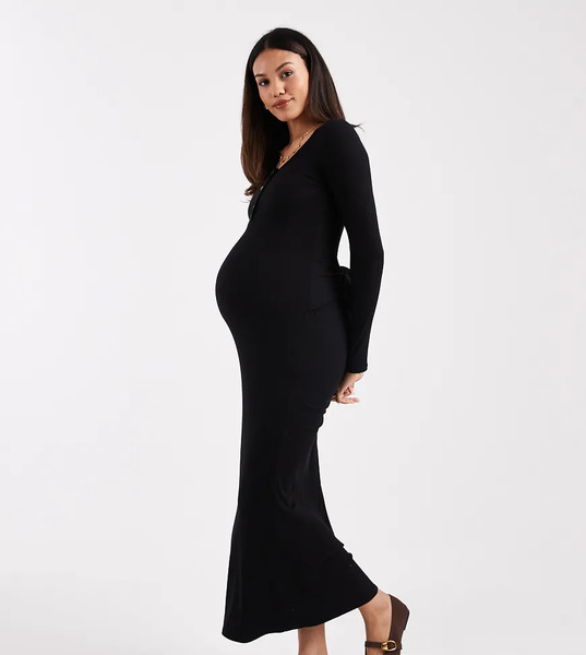  Asos Design Maternity Ribbed Scoop Button Midi Dress With Tie Detail In Black 