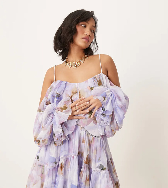 Asos Design Petite Draped Off Shoulder Tiered Mini Dress With Lace Inserts In Blurred Abstract Multi 