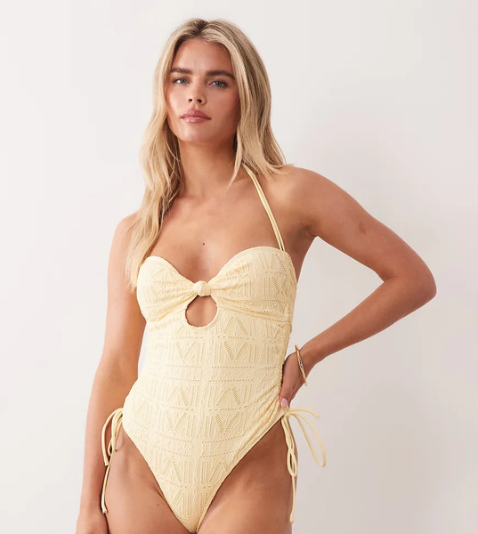 Asos Design Petite Kyle Broderie Twist Front Knot Swimsuit With Tie Side Detail In Buttermilk Yellow 