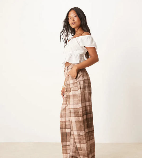  Asos Design Petite Laundered Barrel Trousers In Check Multi 