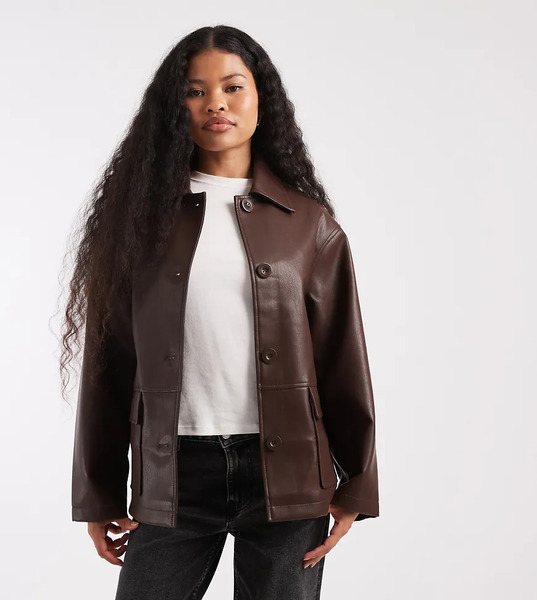  Asos Design Petite Leather Look Harrington Jacket In Chocolate Brown 