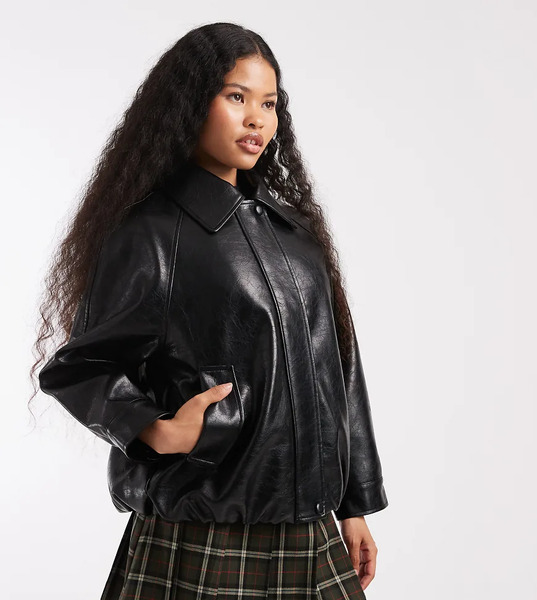  Asos Design Petite Leather Look Oversized Bomber Jacket In Black 