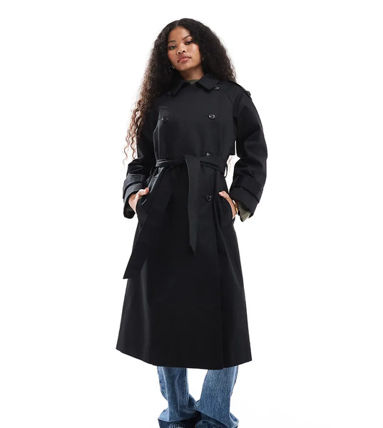  Asos Design Petite Longline Trench Coat In Black 