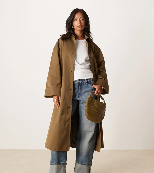  Asos Design Petite Longline Trench Khaki Green 