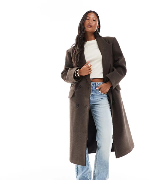  Asos Design Petite Oversized Dad Coat In Chocolate Melange Green 
