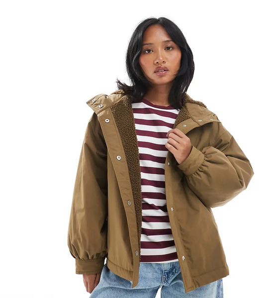  Asos Design Petite Oversized Fleece Lined Rain Coat In Olive Green 