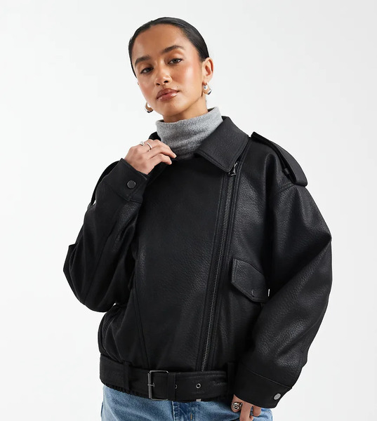  Asos Design Petite Oversized Leather Look Biker Jacket In Black 