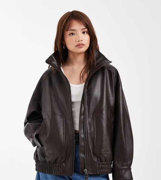  Asos Design Petite Oversized Leather Look Funnel Bomber Jacket In Chocolate Brown 