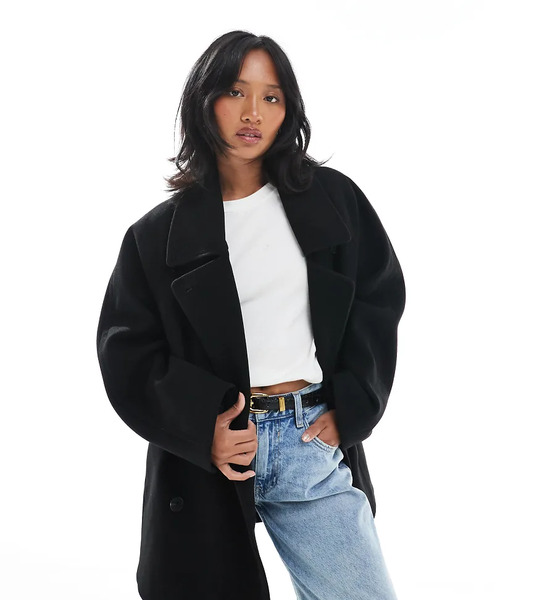  Asos Design Petite Oversized Mid Length Pea Coat In Black 