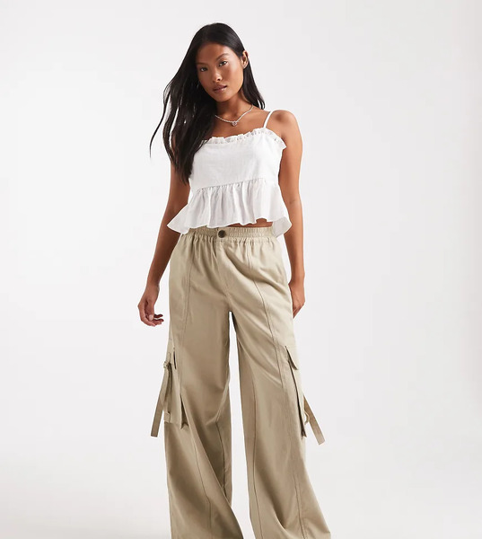  Asos Design Petite Oversized Utility Pull On Trousers In Washed Camel Neutral 