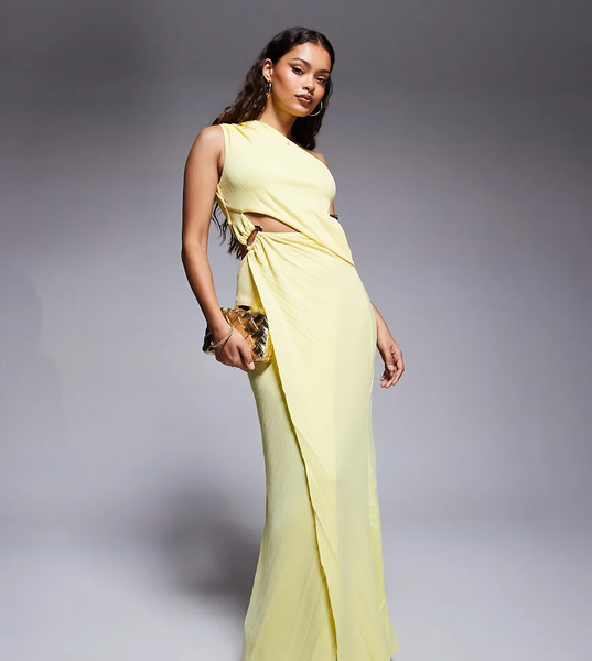  Asos Design Petite Pleated Maxi Dress With Asymmetric One Shoulder And Twist Skirt In Buttermilk Yellow 