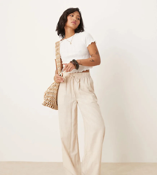  Asos Design Petite Pull On Trousers With Linen In Stone Neutral 