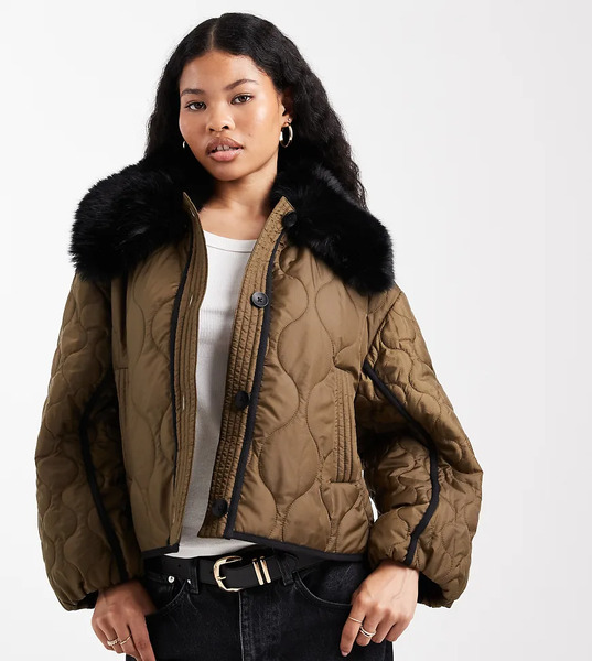  Asos Design Petite Quilted Hybrid Borg Collarless Jacket In Khaki Green 