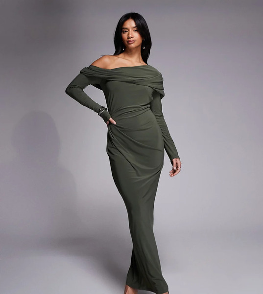  Asos Design Petite Slinky Long Sleeve Fallen Shoulder With Drape And Ruching Detail Maxi Dress In Khaki Green 