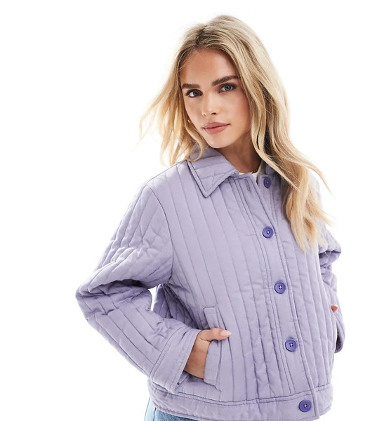  Asos Design Petite Washed Quilted Shacket In Lilac Blue 