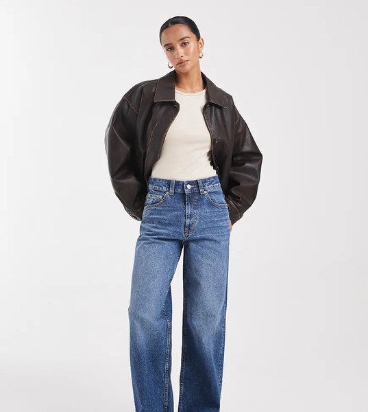  Asos Design Petite Wide Leg Dad Jean In Mid Blue Circular Design Collection 