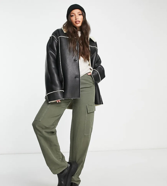  Asos Design Tall Faux Leather Bonded Borg Shacket In Black 